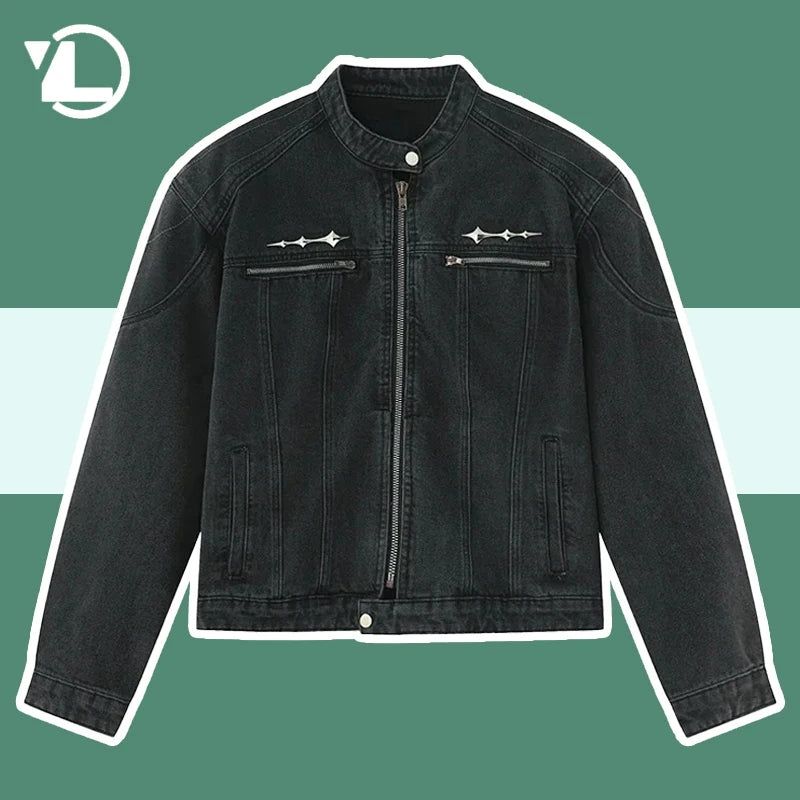 High Street Washed Denim Jackets Hip Hop Loose Zipper Metal Design Jean Jackets