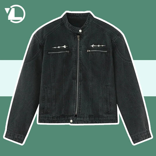 High Street Washed Denim Jackets Hip Hop Loose Zipper Metal Design Jean Jackets