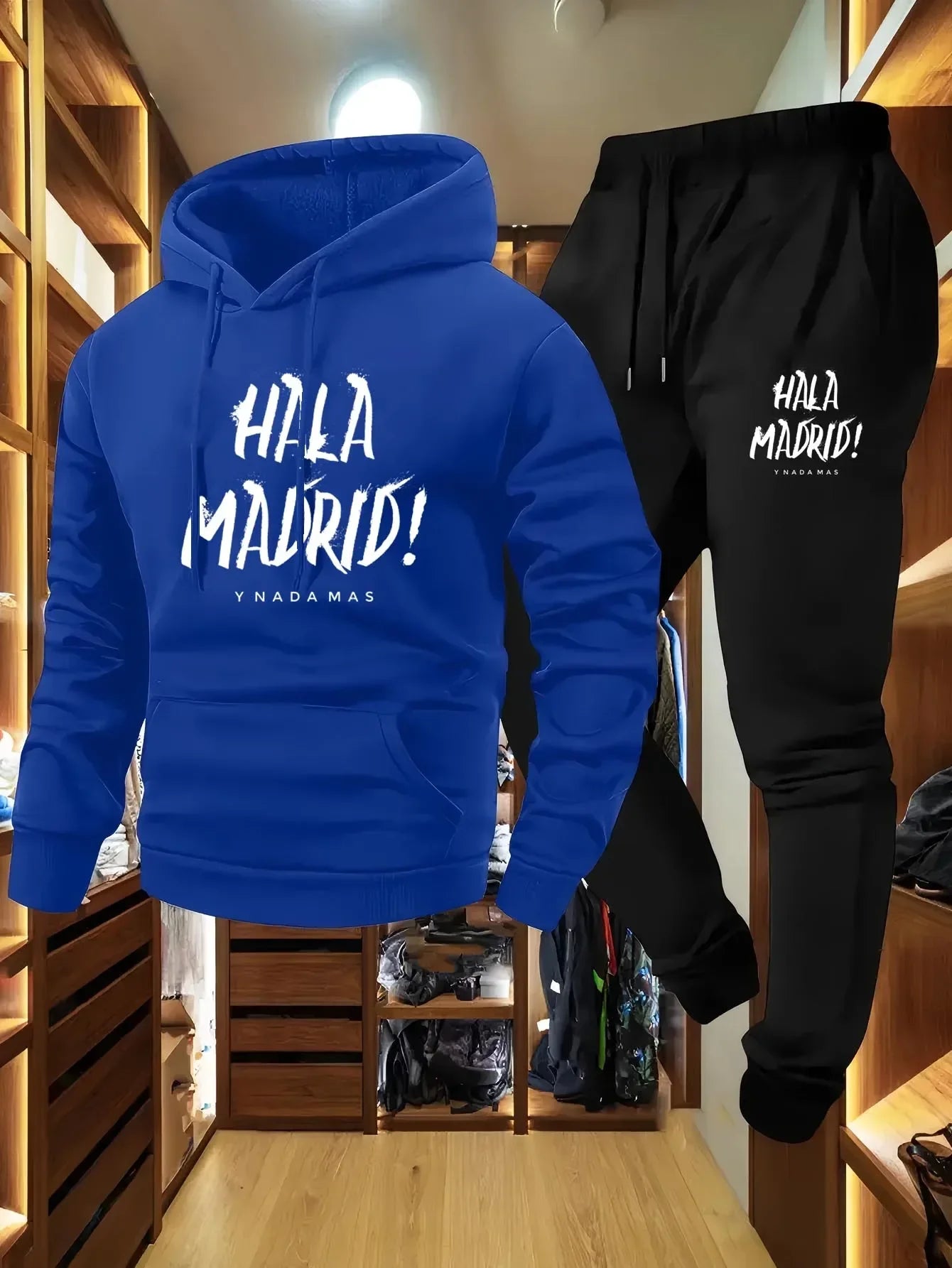 Men's Hala Madrid Graphic Print Hoodie And Jogger Set Casual Loose Fit Polyester Knit Pullover with Elastic Material