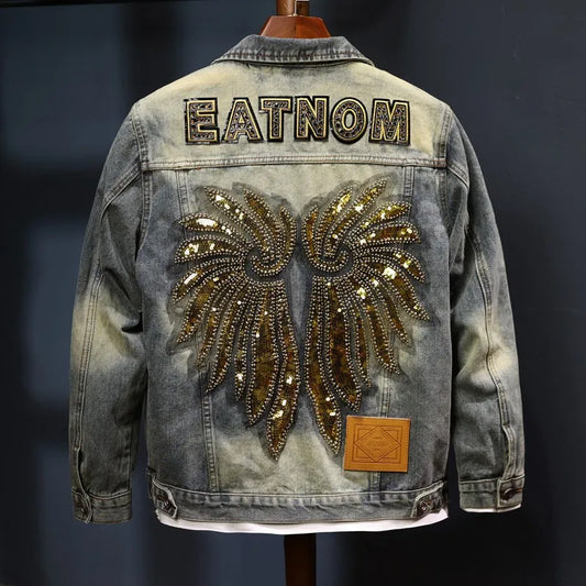 Fashion Nostalgic Denim Jacket Men's Retro Classic Wings Sequin Design Trendy Jacket