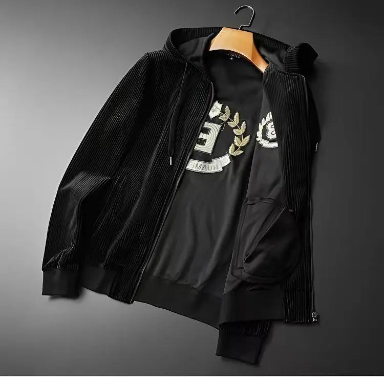 Autumn Men's Sportswear Solid Color Solid Color Zipper Hooded Pocket Jacket Drawstring Trousers Sports Clothing Set