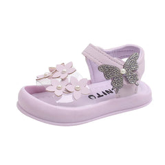 Kid Girls Sandal Flowers Solid Color Versatile Soft Breatheable Butterfly Rhinestones