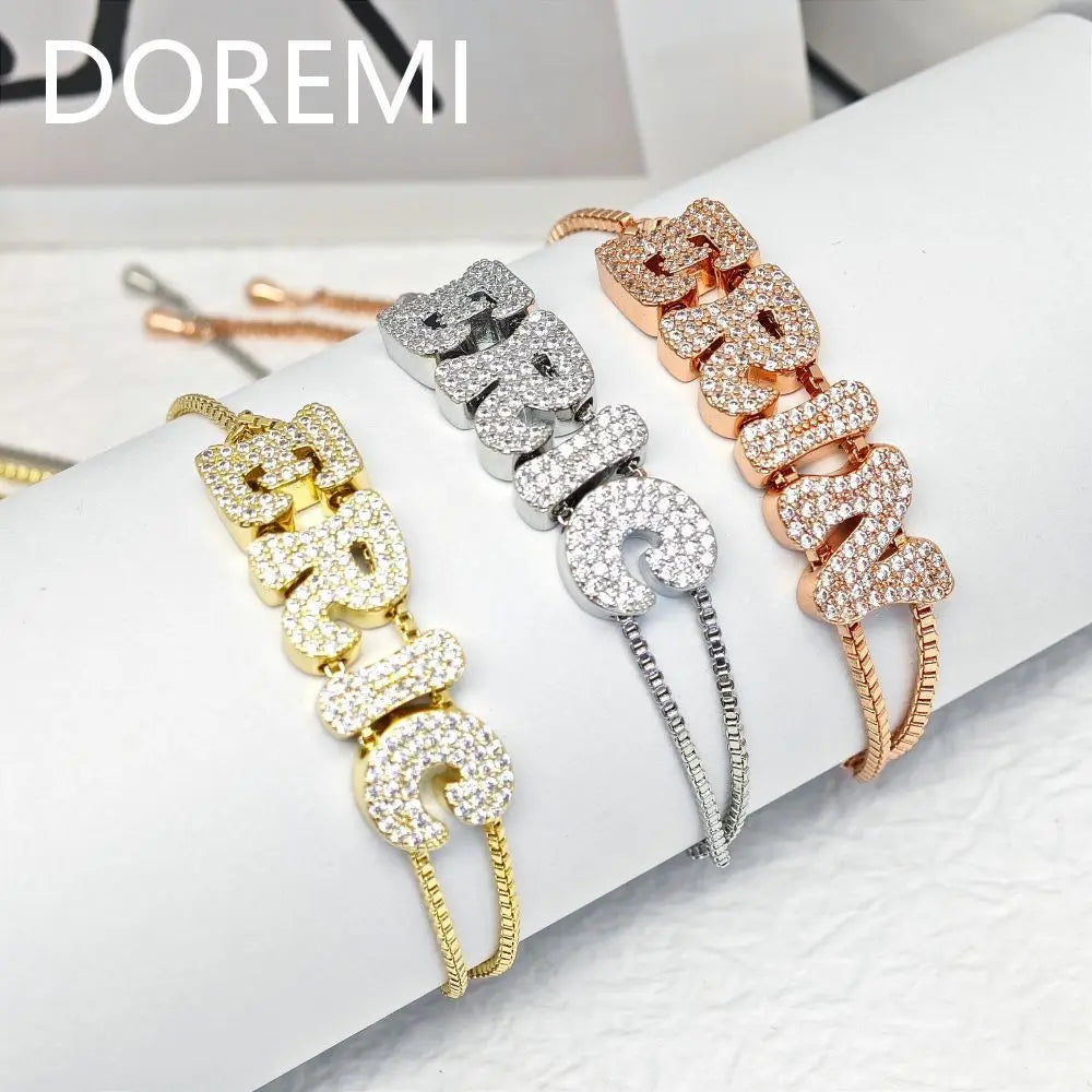DOREMI Crystal Zircon Name Customized Letter Doubel Chain Mesh Dainty Sliding Slider Letter Personalize Name Bracelets