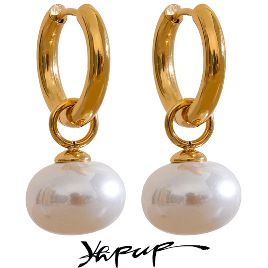 Yhpup High Quality Imitation Pearls Drop Stainless Steel Golden Korean Hoop Earrings Charms Fashion Jewelry Bijoux Femme Gift