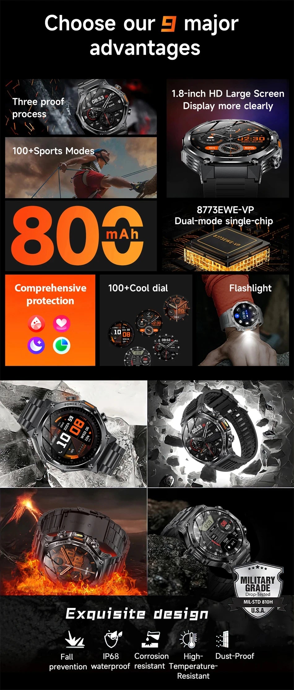 Rugged Outdoor Sports AK82 Smartwatch 1.85" HD Touchscreen 800mAh Long Battery Life Fitness Tracker Calorie Distance Smart Watch