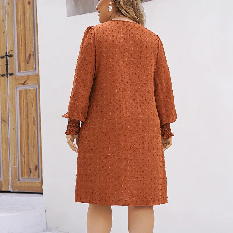 Plus Size Dot Women Dress Elastic Waist Long Sleeves Robe Scroop Neck Solid Color Dress Spring Female Elegant Clothing Gown