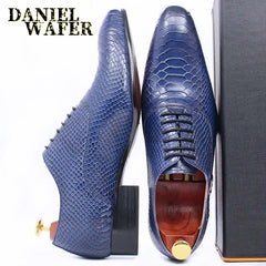 Fashion Men Dress Leather Shoes Snake Skin Prints Classic Style Wine Blue