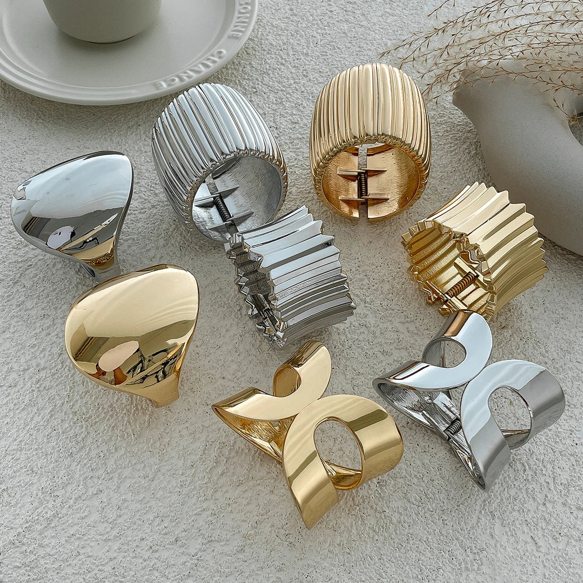 KunJoe Fashion Design Smooth Gold Color Chunky Spring Bangles for Women Exaggerated Geometric Wide Open Cuff Bracelet Unisex Men