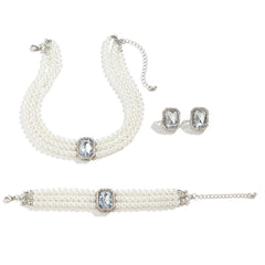 3Pcs Multi-Layer Pearl Necklace Simulated Pearl Chokers Earrings Bracelet Necklace