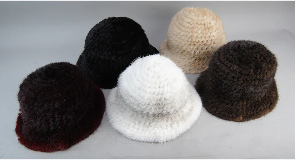 Woman Hat Winter Solid Mink Caps With Flower Natural Mink Fur Hats New Russian Girl Soft Knitting Real Fur Bucket Hats 2026 Warm
