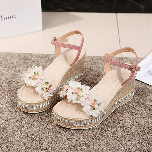 New Female Ankle Strap Buckle Rhinestone Crystal Sandals 2024 Summer Women Round Toe High Heels Fashion Ladies Wedges Shoes Gold