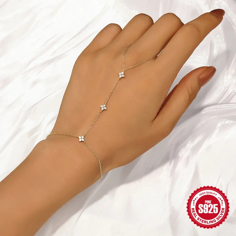 CANNER 925 Sterling Silver Flower Clover CZ Finger Ring Chain Bracelet For Women Ins Hand Chain Horse Eye Jewelry Party Gift