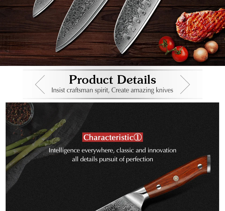 1PCS or 3PCS Kitchen Knife Sets Japanese Forged Damascus Steel Chef