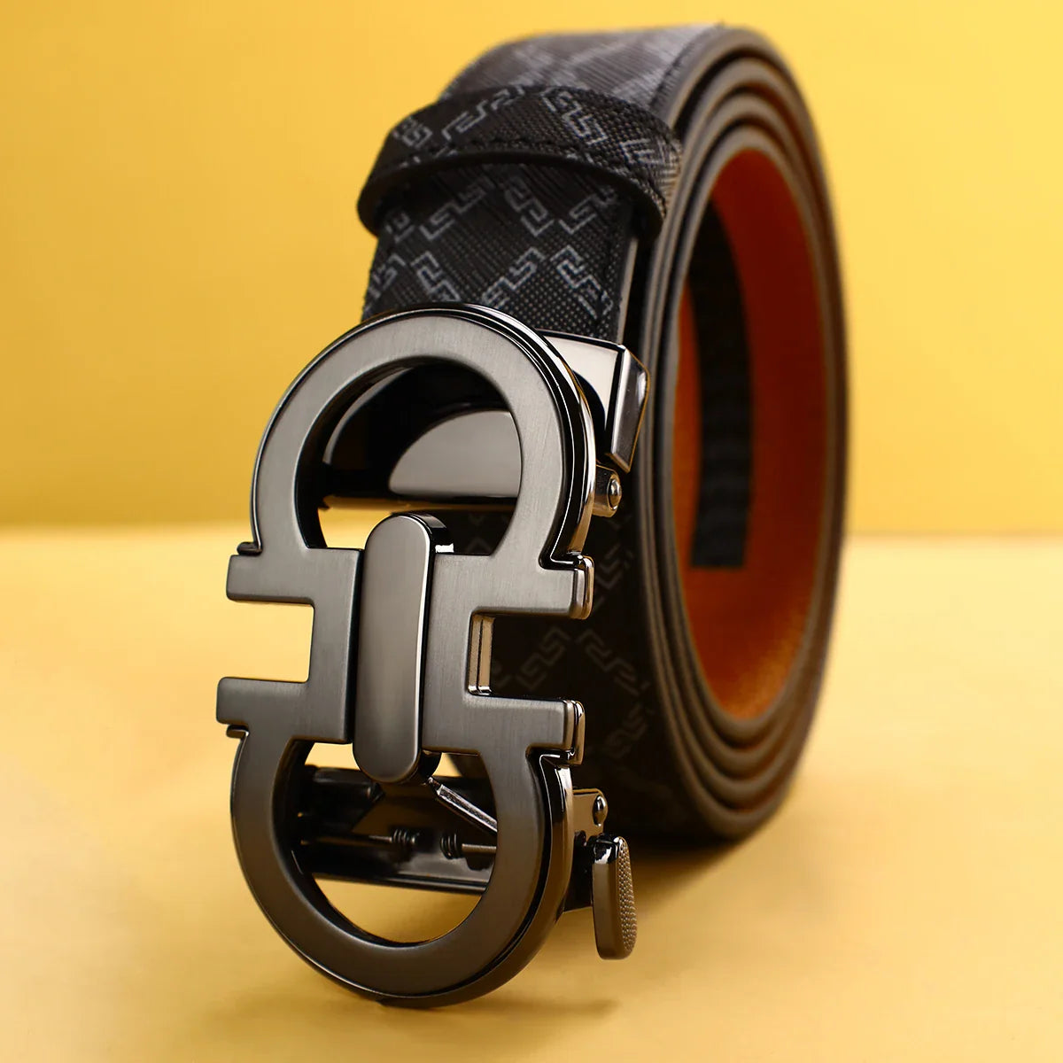 Men's Sleek Automatic Buckle Belt - Genuine FauxwithTextured Square Pattern, Black, Simple & Stylish DesignforCasual Attire