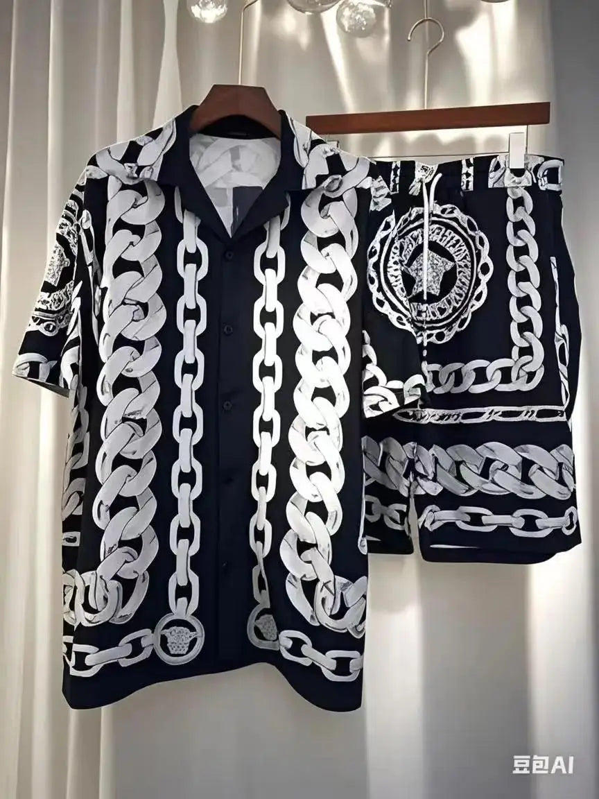 Fashion Men's Hawaiian Shirt Sets 2025 Runway Luxury Famous Brand European Design Party Style Conjuntos De Ropa Para Hombre