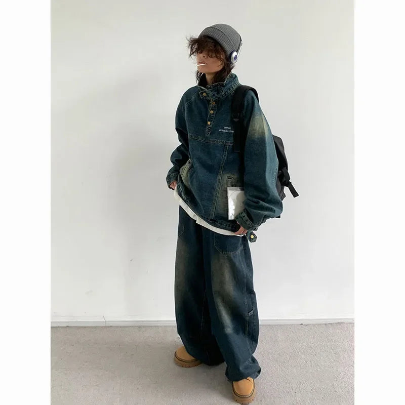Vintage Street Denim Sweatshirt Men Women Distressed High Neck Loose Denim Jacket