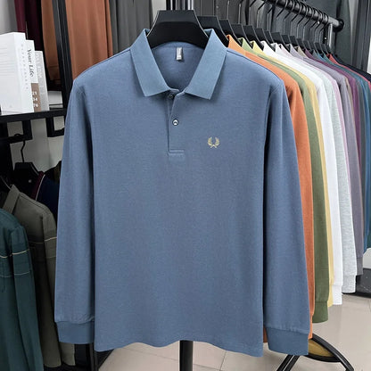 100% pure cotton high-end brand men's long sleeved polo shirt autumn fashion hot selling wheat embroidery golf business T-shirt