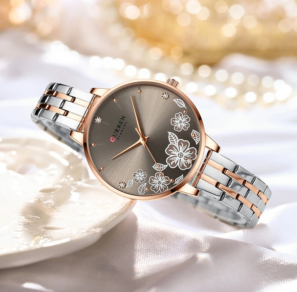 CURREN Fashion Quartz Wristwatches for Women Simple Stainless Steel Watch Bracelet with Flower Design Dial