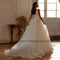 Bride Gown Square Neck Sleeveless Sequin Applique Sweep Train Soft Tulle