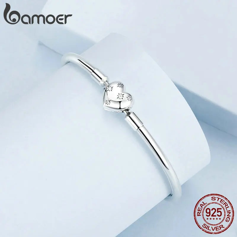 BAMOER Genuine 925 Sterling Silver Charm Glossy Bracelet Heart/Shell Clasp Basic Bangle Star Spacer Beads for Women DIY Jewelry