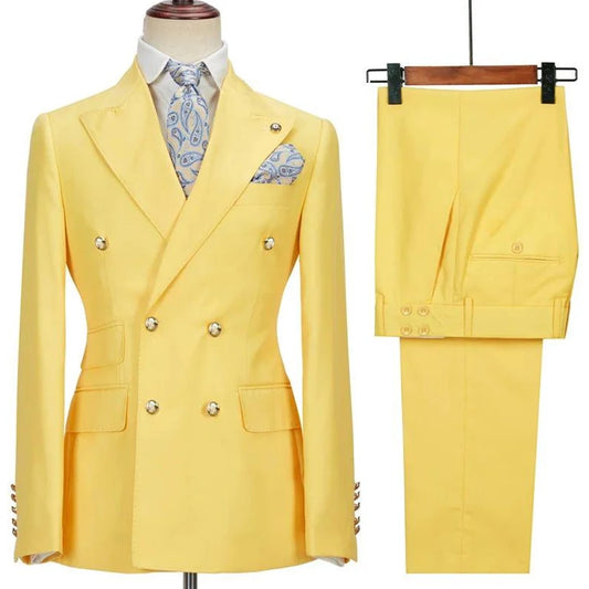 Groomsmen Suits: Yellow Suits for Men Chic Terno Double Breasted Peak Lapel Elegant