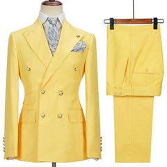 Blazer Hombre Yellow Suits for Men Chic Terno Double Breasted Peak Lapel Elegant Wedding Full Set Male 2 Piece Jacket Pants 2024