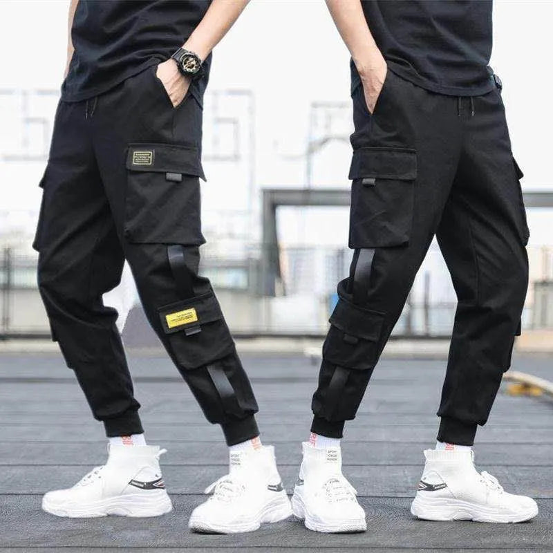 Hip Hop Joggers Cargo Pants Men Harem Pants Multi-Pocket Ribbons Man
