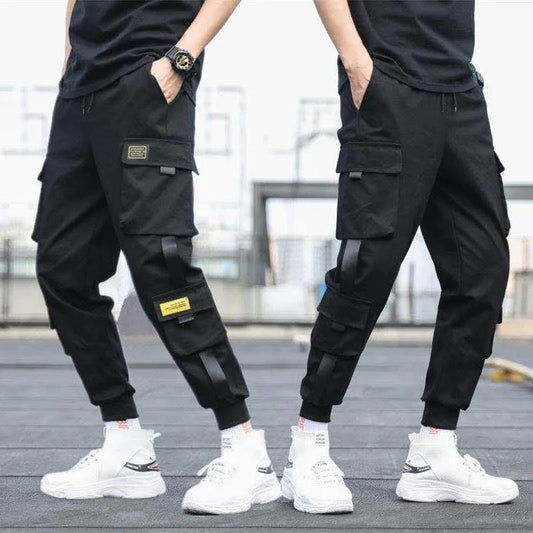 Hip Hop Joggers Cargo Pants Men Harem Pants Multi-Pocket Ribbons Man