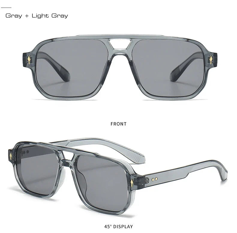SO&EI Vintage Double Bridges Men Square Sunglasses Fashion Clear Ocean Lens Eyewear Women Trending Rivets Sun Glasses UV400