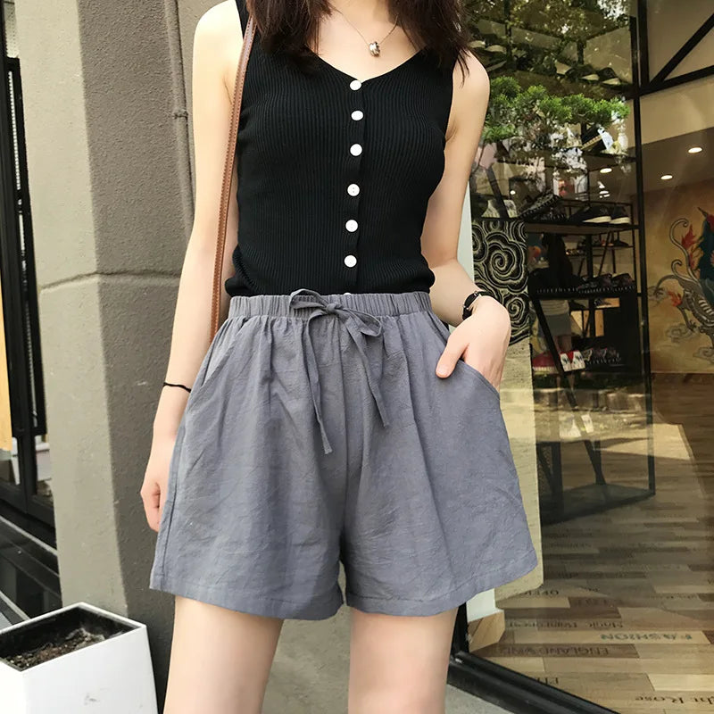 Casual Linen Shorts Women Gym Workout Shorts Cotton Shorts Summer Big Size Loose Home Beach Hot Lace Up Shorts