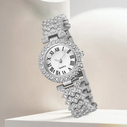 2-piece Ladies' Roman Scale Full Diamond Quartz Watch Heart Bracelet Accessory Set Suitable For Daily Wear