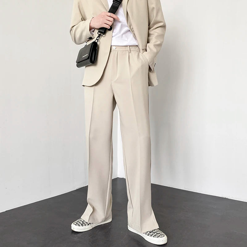 Men Suit Pants Korean Casual Pant Neutral Solid Fashion Design Wide Leg Business