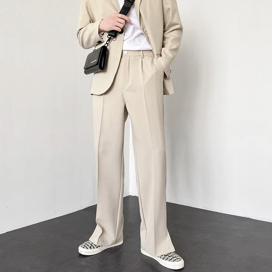 Men Suit Pants Korean Casual Pant Neutral Solid Fashion Design Wide Leg Business