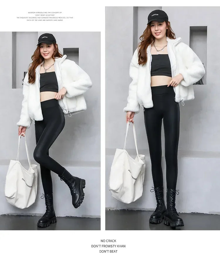 Women's Pants Velvet PU Leather Leggings Winter Ladies High Waist Fleece