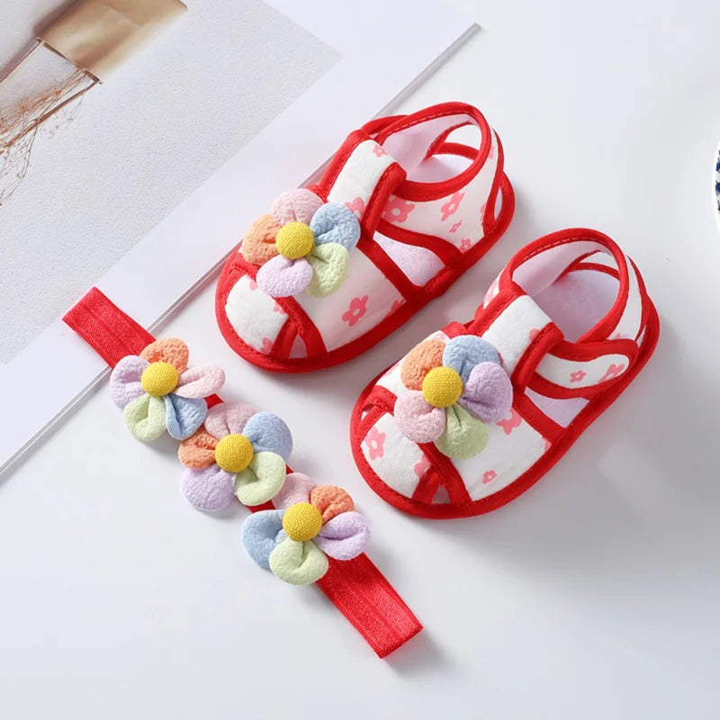 Baby Girl Shoes First Walkers Newborn Learning Walking Shoes Flower Decoration Soft Bottom Sandals With Headband Princess Shoes