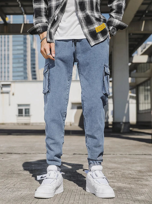 Spring Autumn Multi-Pockets Cargo Jeans Men Black Blue Denim Jogger Pants