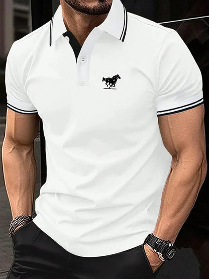 Men Horse Print Striped Trim Polo Shirt Short Sleeve Basic Modern Solid Color Golf Shirt Men's Clothing