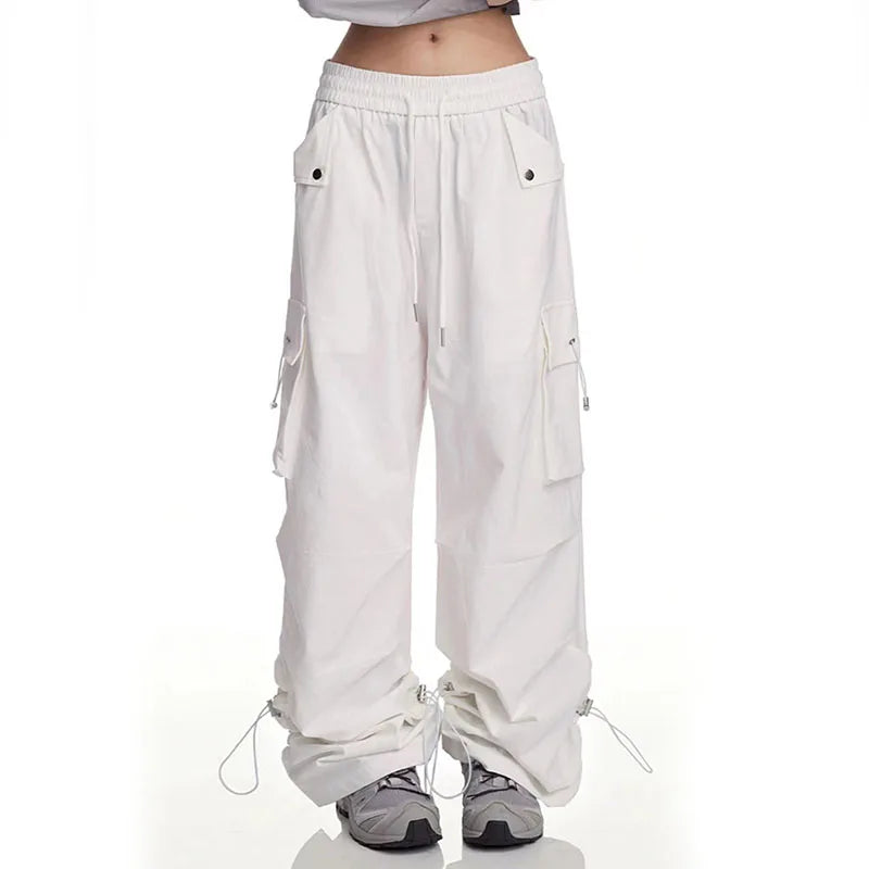 Baggy White Parachute Cargo Pants Y2K High Waist Shirring All-Match Trousers