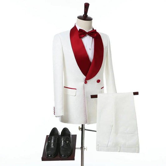 Latest Coat Pant Designs Formal Men Suit White Printed Terno Slim Groom Tuxedo Double Breasted