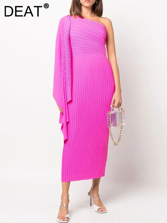 Evening Dresses: Party Dress Pleated Women Solid Color Asymmetric One Shoulder