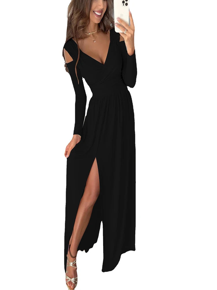 Autumn Dress Women 2023 Sexy Deep V Neck Long Sleeve Slit Maxi Dresses Fashion Elegant Solid High Waist Party Dress