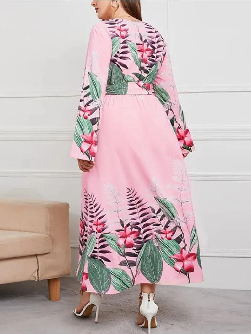 Plus Size Plant Flower Print Medium Length Dress, Large Size Long Sleeve Lace Up Waist, Slim and Fashionable Long Skirt