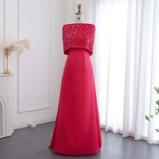 Elegant Off Shoulder Fuchsia Arabic Evening Dress with Cape for Women