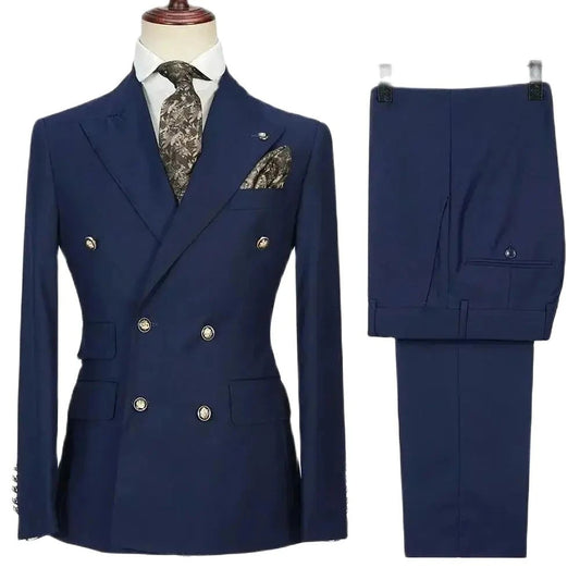 Navy Blue Slim Men Suit 2 Piece Fashion Peak Lapel Double Breasted Male