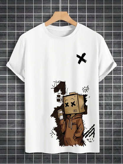 Men's 100% pure cotton fashionable casual sports loose trendy doll graffiti printed round neck short sleeved T-shirt top