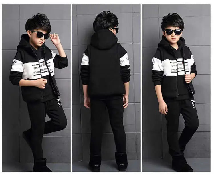 3pcs/set 2025 winter Boys tracksuit Autumn Teenager Clothes splicing velvet jacket + hooded + Pant Children 4 8 9 10 11 12 year