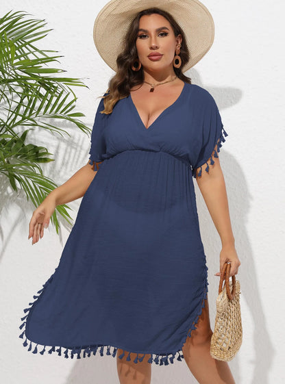 plus size  women's new beach resort bikini cover up with tassel patchwork deep V waist up dress
