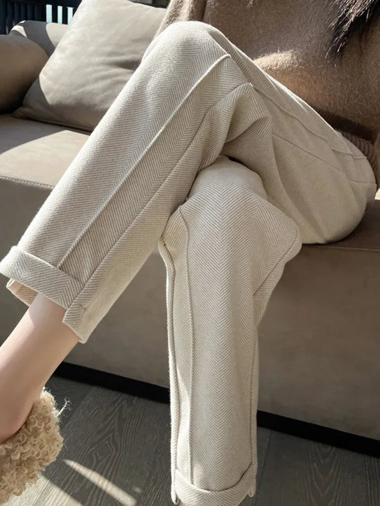 Straight Pants Women' S Pants Loose Casual Herringbone Warm Thickened Cropped Pants