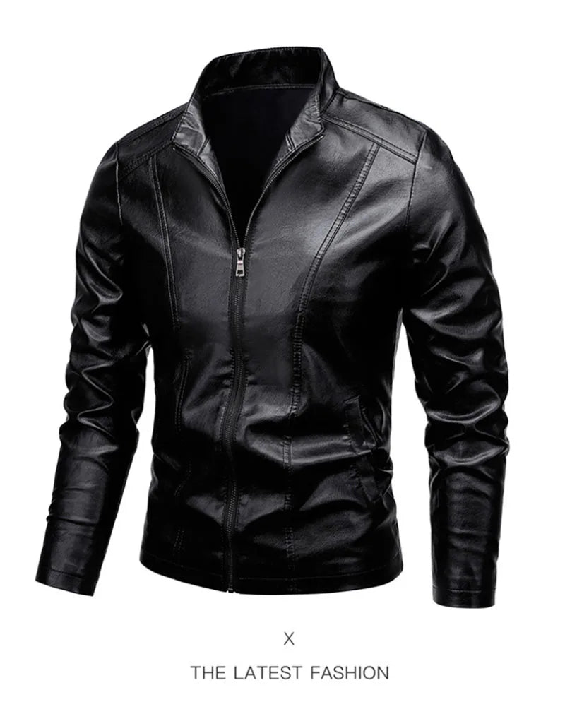 Men Leather Coat Vintage Classic Stand Collar Male Faux Leather Jacket