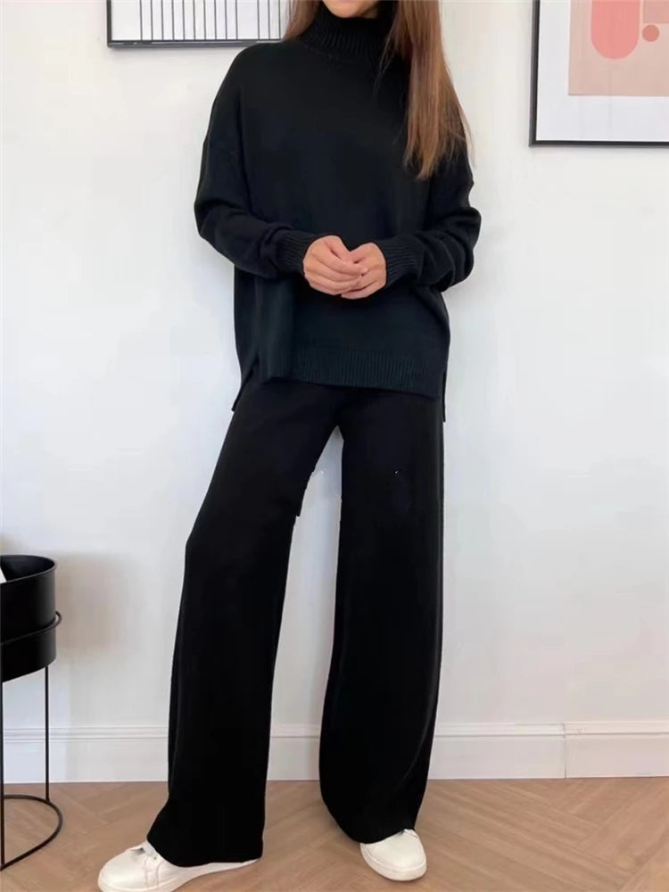 Autumn Winter 2 Pieces Women Sets Knitted Tracksuit Turtleneck Sweater